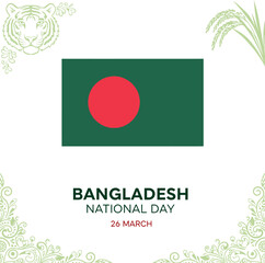 Happy Bangladesh National Day design for March 26. Patriotic concept with the national flag, tiger and rice symbols, and traditional Alpona style floral art.