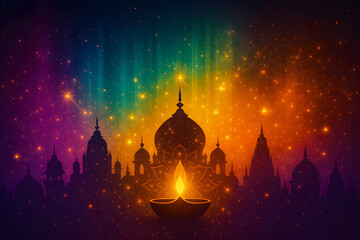 Radiant Diya with Lotus and City Silhouette &ndash; Diwali Celebration Abstract