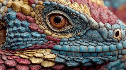 Colorful reptile close-up, vibrant scales in shades of blue and orange, showcasing textures, ideal for nature-focused content.