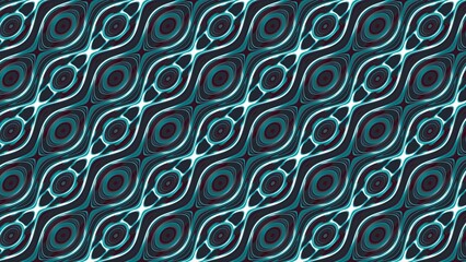 Intricate diagonal pattern with teal, dark blue, and white swirling lines. Suitable for contemporary designs, eye-catching textiles, or abstract digital art.