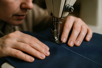 Woman's Hands Guiding Fabric Through an Industrial Sewing Machine