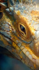 Close-up of vibrant iguana, detailed textured skin showcasing orange and green hues, perfect for wildlife themes or nature education.