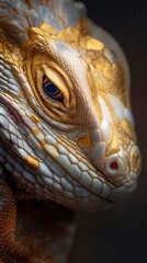 Bearded dragon close-up, vibrant scales with a golden hue, indoor habitat, showcasing reptilian beauty and intricate details.