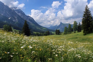 Panoramic mountain landscape with vibrant blooming wildflower meadow and majestic peaks under a blue sky