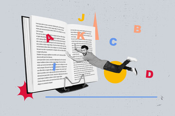 Full trendy photo collage of happy man jump letter book encyclopedia hobby library geek novelist...