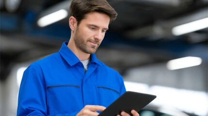 A professional mechanic in a blue uniform is using a tablet in a workshop. The image captures a focused moment in the auto industry. Perfect for automotive technology themes. AI