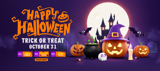 Halloween Promotion Poster With Glowing Halloween Pumpkins,Witch Hat,Cauldron,Bats,Haunted,Castle,Candle and graveyard with trick or treat promotion poster banner template for Halloween sale event