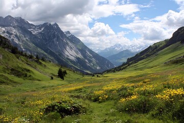 Scenic alpine valley with vibrant yellow wildflowers, green meadows, and snow-capped mountains under a dynamic sky.