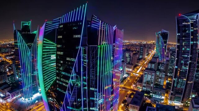 Drone hyperlapse aerial shot of King Abdullah Financial District at night in Riyadh.