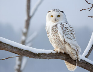 White winter owl perched on a tree branch in a winter snow landscape, beautiful wildlife winter wonderland with copy space snow bird, snowy owl on branch