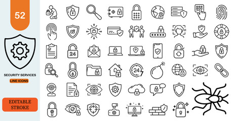 Collection of Cybersecurity and Digital Protection Icons Representing S. Containing Guard, cyber security, password, smart home, safety, data protection, key, shield, lock, and more. Editable stroke. 