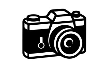 Minimalist black and white representation of a classic photographic camera and large lens