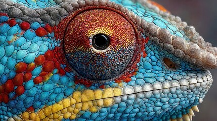 Colorful chameleon showcasing vibrant scales, close-up of intricate patterns and textures, ideal for nature-themed content.