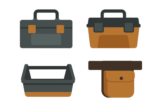 Set of various toolboxes, open tool carrier, and utility belt pouch for construction and repair