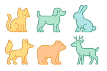 Fototapeta premium Simple stylized collection of six animal icons featuring pets and wild mammals