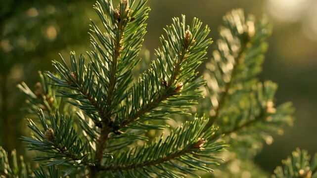 Dense Pine Branches in Sunlight - Close-up shot of a dense cluster of fragrant pine branches bathed in sunlight. The video showcases the needles and budding features with a soft, blurred background.