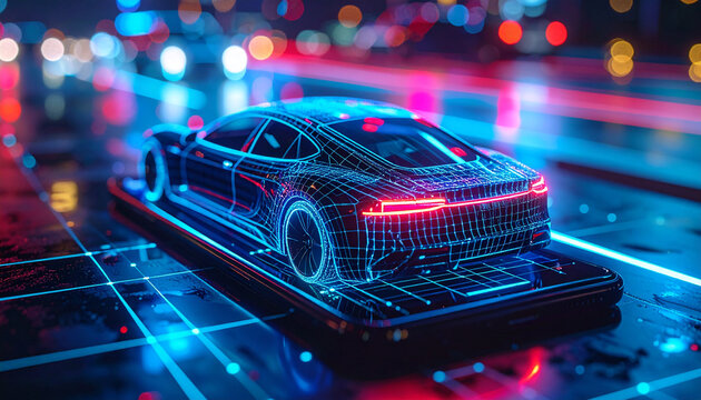 Digital Car on Smartphone: A sleek, futuristic car model hovers above a smartphone, its glowing lines and vibrant colors illuminating the cutting-edge technology behind the vehicle. - Powered by Adobe