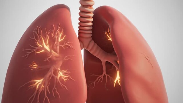 3D Medical Illustration of Human Lungs - A detailed 3D medical illustration of a healthy human lung structure, highlighting the trachea and glowing bronchioles.
