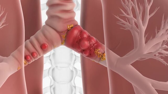 Detailed 3D Medical Illustration of Inflamed Trachea - A detailed 3D medical illustration showcasing the internal structure of human lungs and trachea.
