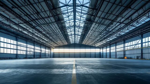 Vast industrial interior with high ceilings and natural light, offering diverse application for