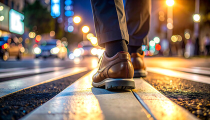 City Stroll at Dusk: A close-up shot of a person's feet confidently striding across a zebra crossing at dusk, the city lights blurring in the background, capturing the energy of urban life.