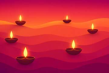 Floating Diyas on Radiant Red and Purple Waves &ndash; Abstract Diwali Celebration Artwork