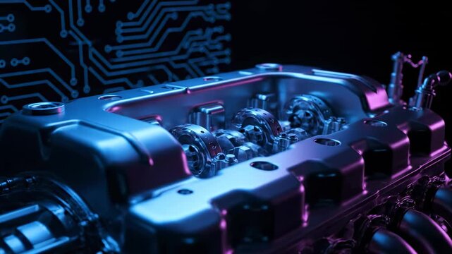 Futuristic Engine Block with Neon Lighting - A detailed engine block is showcased, illuminated by vibrant blue and pink neon lights.