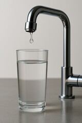 Water droplet falling from faucet into clear glass kitchen photography minimalism close-up refreshment