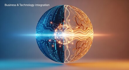 Abstract sphere representing business and technology integration with glowing circuits and energy flow