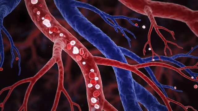 Detailed 3D Illustration of Blood Vessels and Particles - This 3D illustration depicts a detailed view of interwoven blood vessels, highlighting the intricate network of the circulatory system.