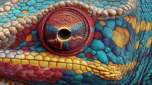 Colorful chameleon's eye, vibrant textures and patterns, showcasing nature's artistry and detail, ideal for wildlife themes.