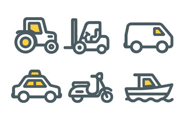 Simple line icons set of transportation modes and industrial vehicles including tractor, forklift, and taxi