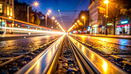 Night Rails: Cityscape at twilight where the train tracks converge towards a bright, illuminated city street, lined with lights, evoking a sense of journey and exploration.