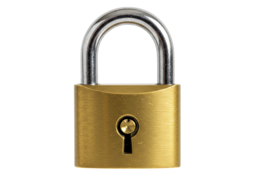 Isolated Brass Padlock with Steel Shackle Security Device, Secured Storage System