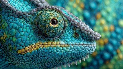 Fototapeta premium Colorful chameleon displaying vibrant scales, close-up of eyes and textured skin, nature theme, great for educational content.