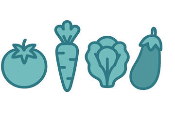 Simple graphic icons of fresh produce: tomato, carrot, lettuce, and eggplant