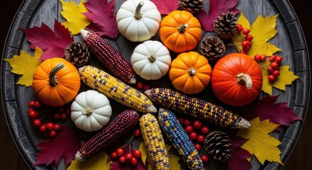 A colorful background of pumpkins of various sizes and colors and corn, top view. Autumn background, Thanksgiving. Pumpkin background.
