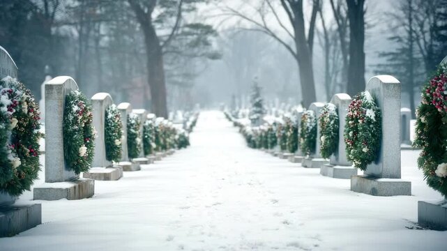 Snow blankets the cemetery where festive wreaths are placed on gravestones, honoring those lost