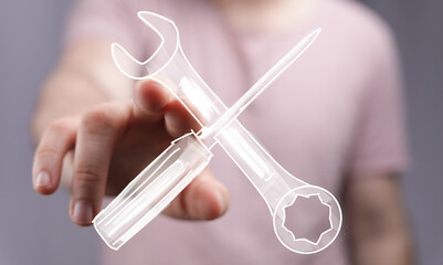 Hand pointing at digital tools, wrench and screwdriver. Repair, maintenance, support concept.