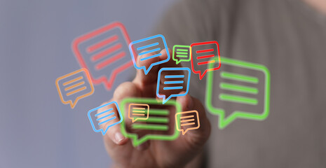 Illustration of speech bubbles with hand for communication. Social media, online chat and connection abstract concept. Creative design.