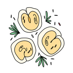 Buttery boiled dumplings with meat in doodle style among herbs and spices, illustration for a menu