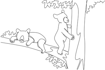 Continuous one line drawing 2 black bear cubs climbs tree with different activities. Looking for food and resting in the treetops. National Black Bear Day. Single line draw design vector illustration