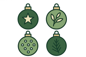 Stylized green Christmas ornaments set featuring star, foliage, and pine branch designs
