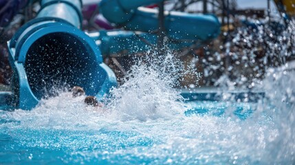 A person slides down a blue water slide, splashing into a pool of clear water