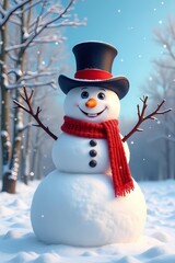 Obraz premium Smiling snowman in a snowy forest. The snowman is wearing a black hat and a red scarf.