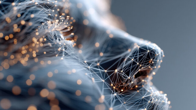 Futuristic conceptual human face formed by network lines and glowing points, representing digital connection and technology