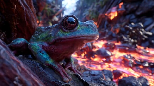 Vibrant frog resting on a rock with blurred background in natural setting