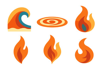 Stylized natural elements set featuring ocean wave, energy vortex, and fire flames in layered paper cut style