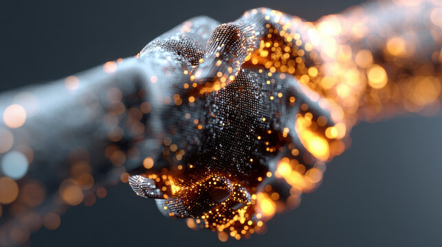 Digital handshake glowing with abstract connections, symbolizing futuristic technology and network collaboration vibrant