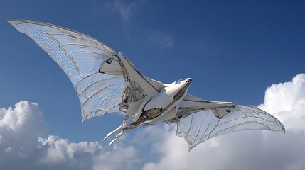 Elegant futuristic flying machine with translucent, ribbed wings soaring in a vibrant blue sky with clouds